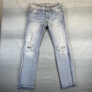 Levis 501 Premium Jeans Mens 32x34 Blue Light Wash Distressed Deconstructed